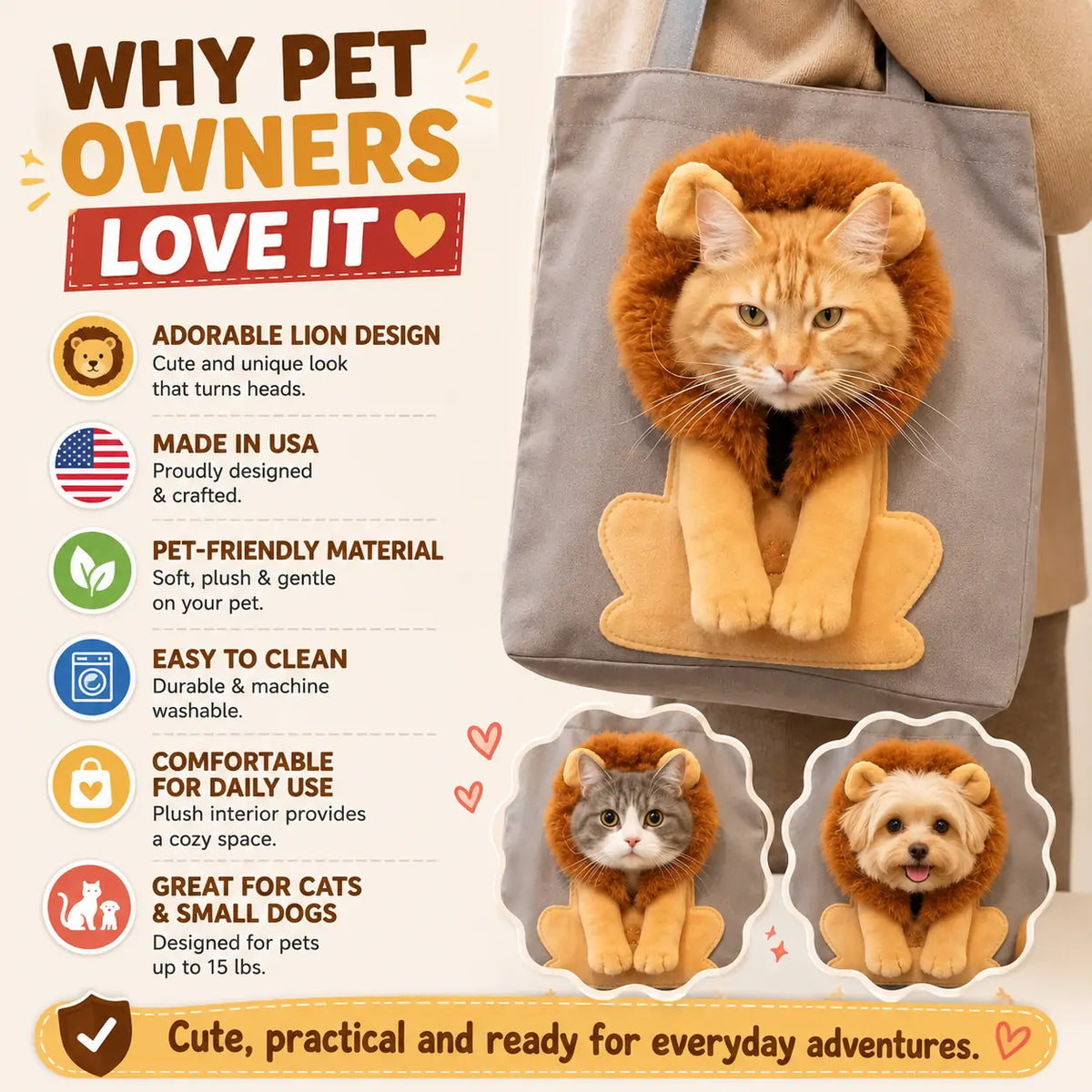 Cozy Lion Cat Tote – Adorable Pet Carrier Bag for Cats & Small Pets