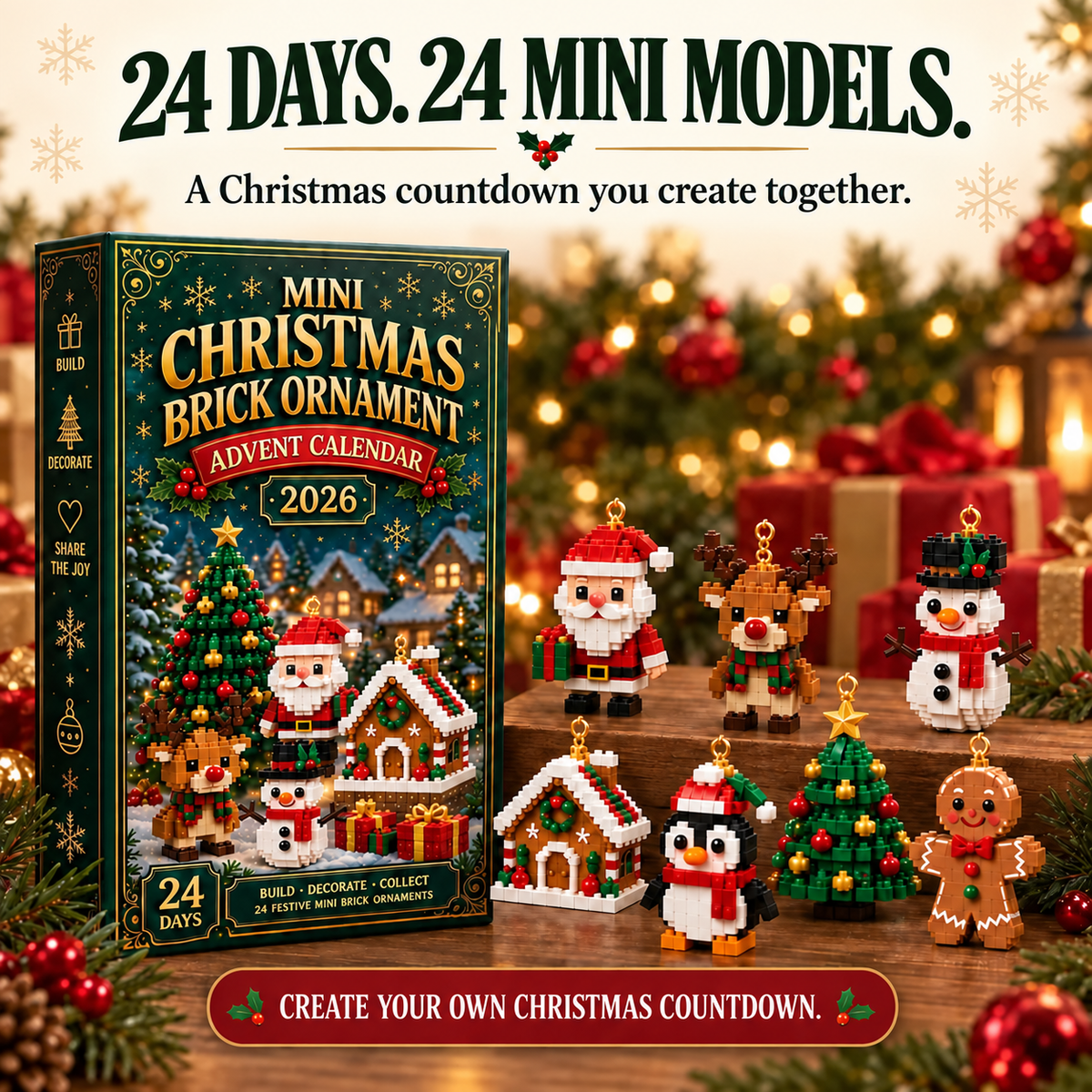 🎄 24-Day Mini Christmas Brick Ornament Advent Calendar – 24 Unique Buildable Holiday Models