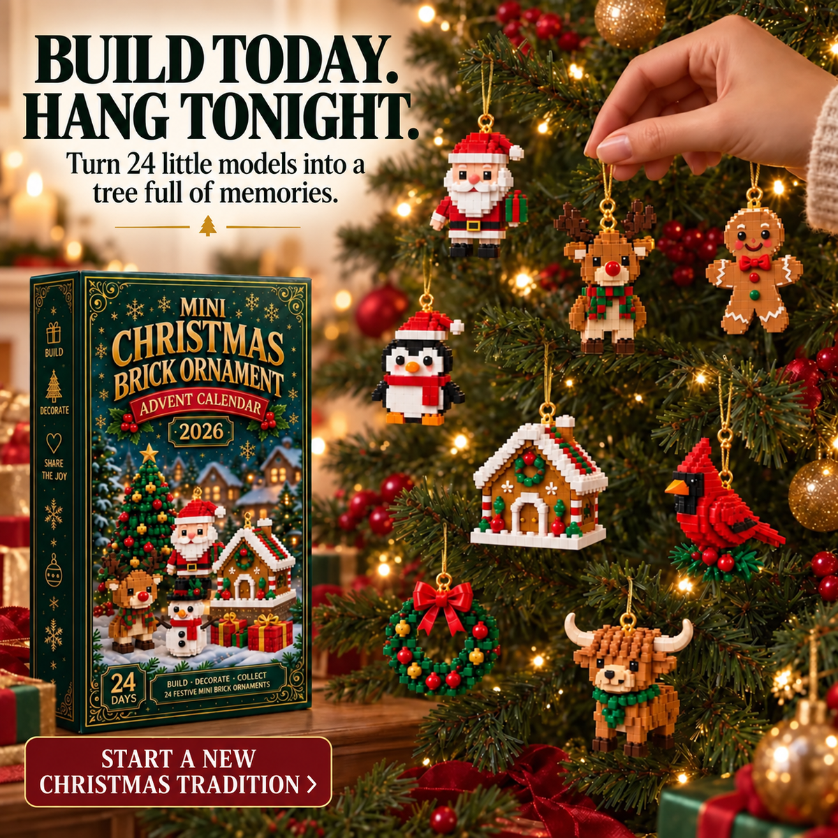 🎄 24-Day Mini Christmas Brick Ornament Advent Calendar – 24 Unique Buildable Holiday Models