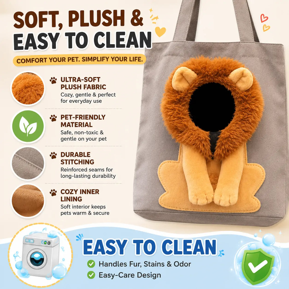 Cozy Lion Cat Tote – Adorable Pet Carrier Bag for Cats & Small Pets