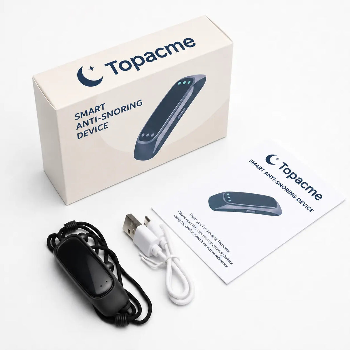 Topacme Noctra package contents: wearable, charging cable, packaging and user guide