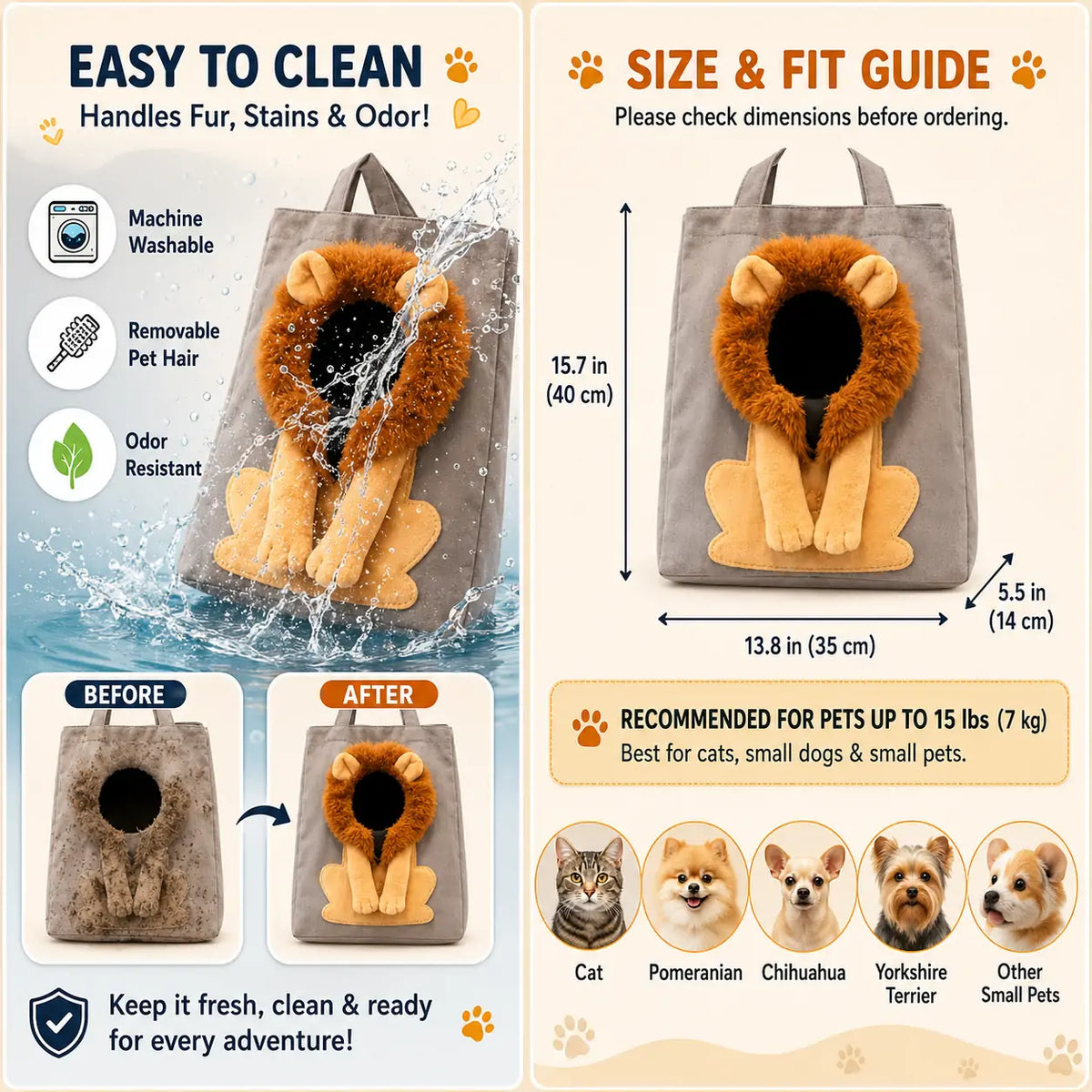Cozy Lion Cat Tote – Adorable Pet Carrier Bag for Cats & Small Pets
