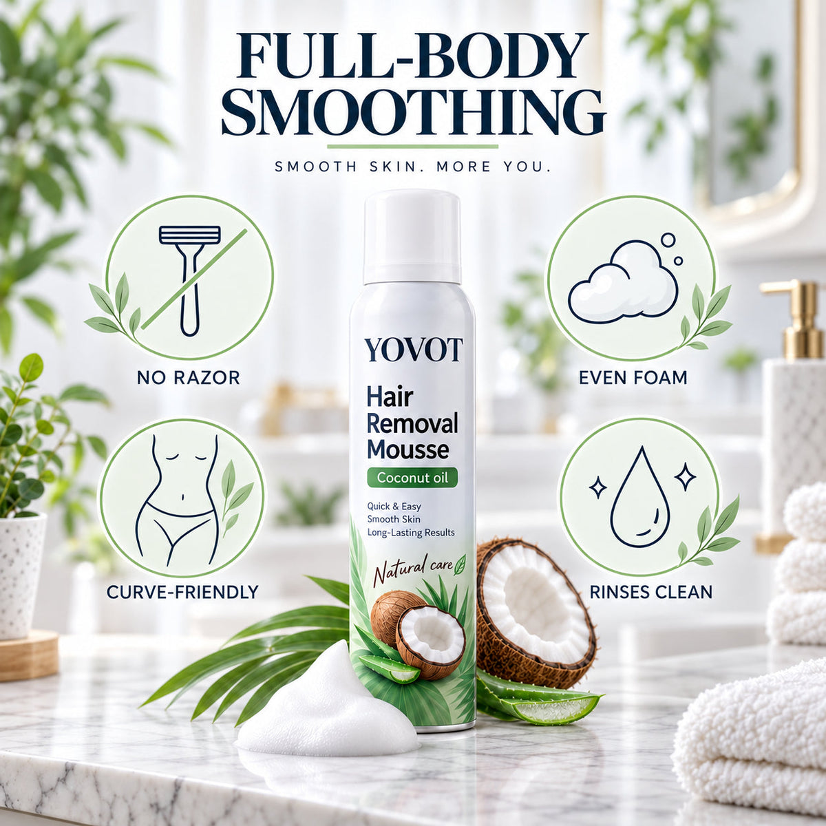 Yovot® Hair Removal Mousse – Full-Body Coconut Oil Foam for Smooth Skin