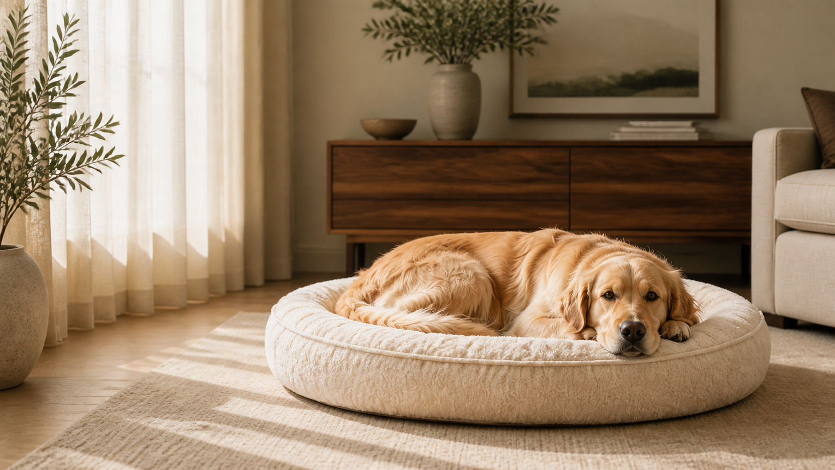Golden retriever resting in a cream pet bed in a warm modern home