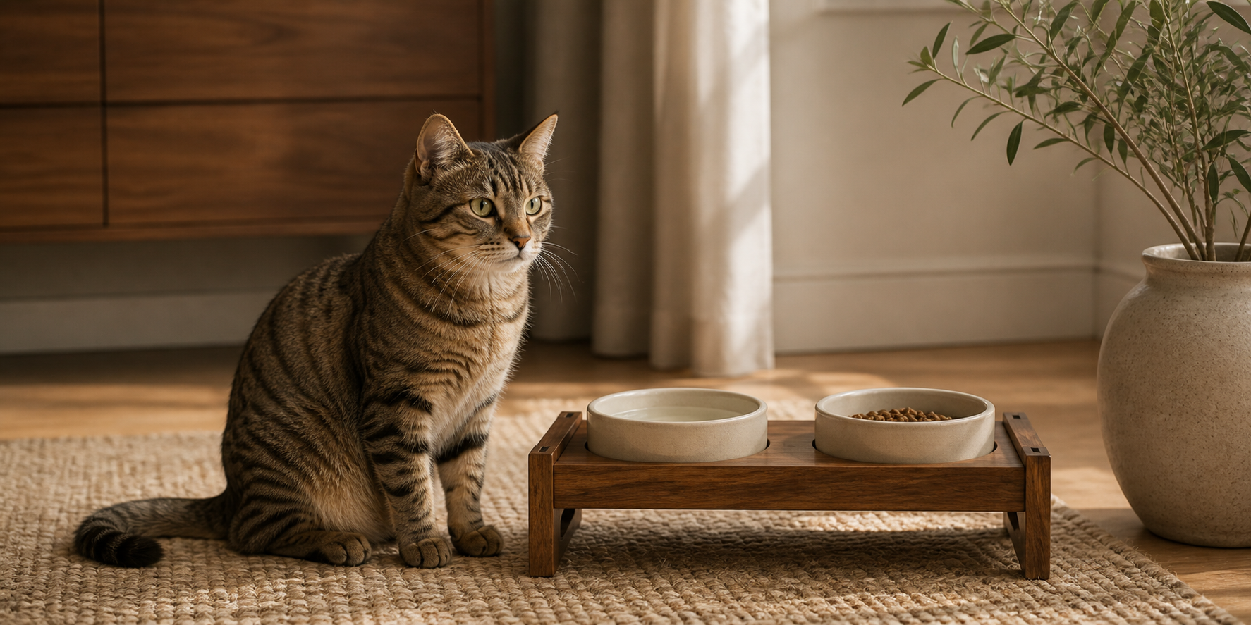 Cat beside an elevated ceramic feeding station