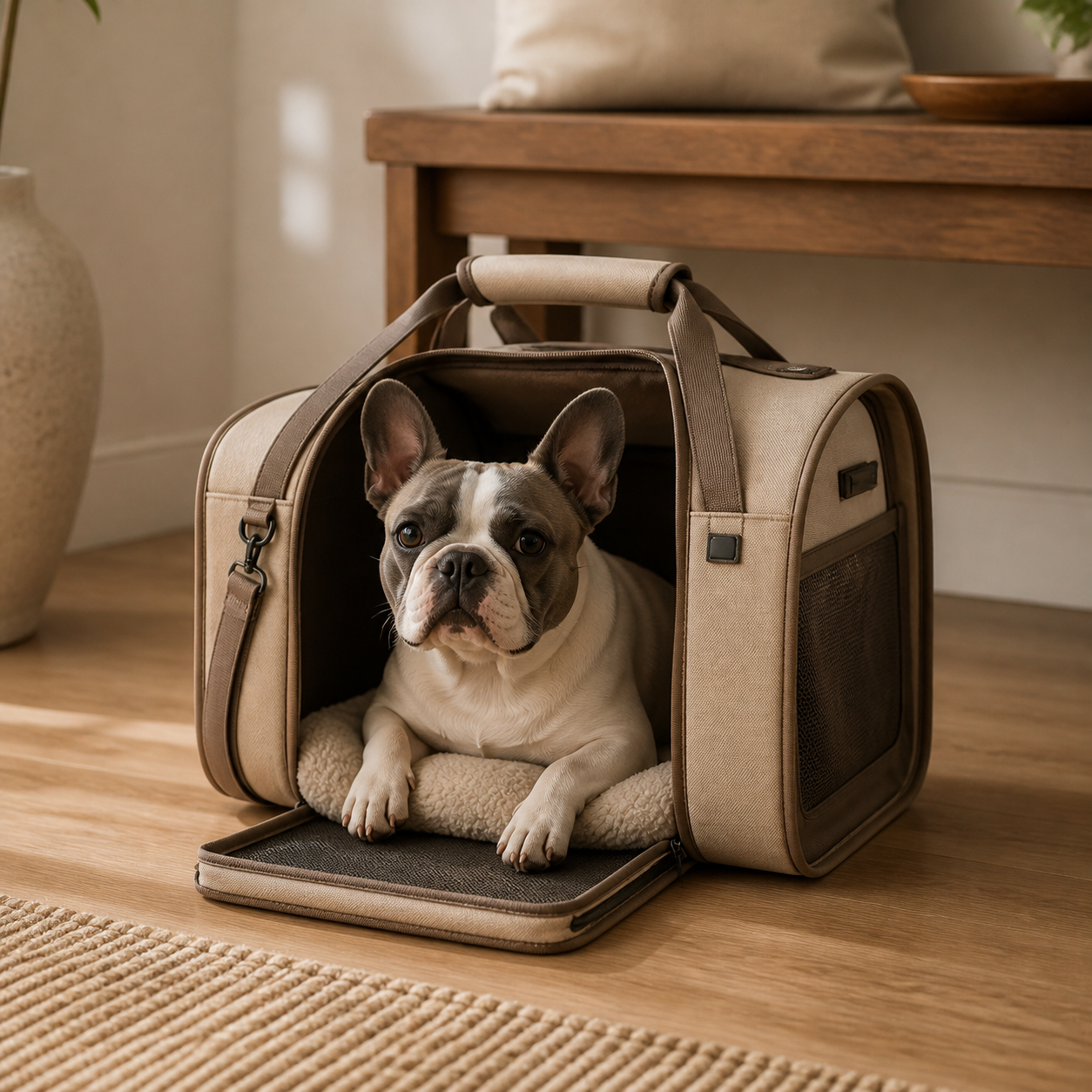 Small dog sitting inside a beige mivoira travel carrier