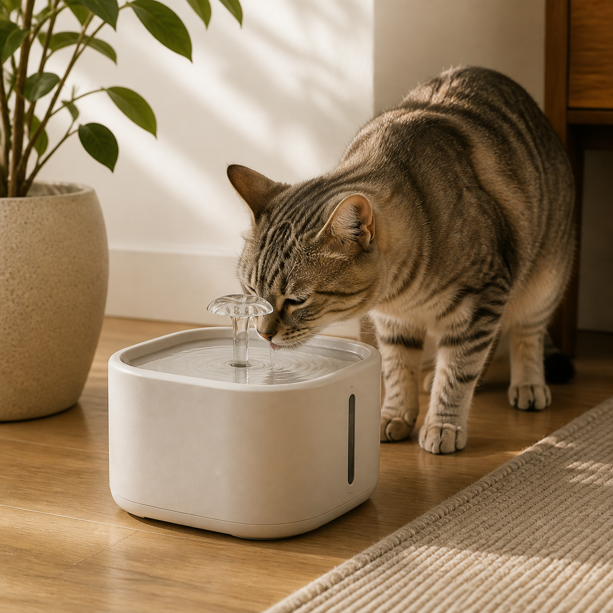 Cat drinking from an ivory mivoira water fountain