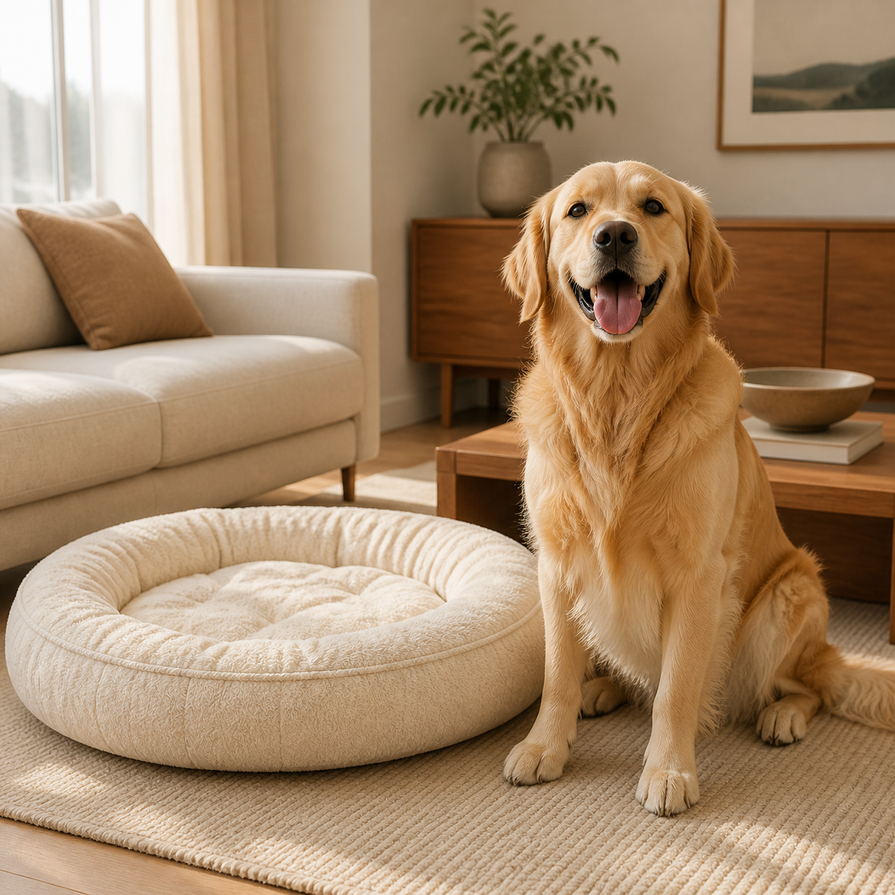 Golden retriever beside a cream mivoira pet bed