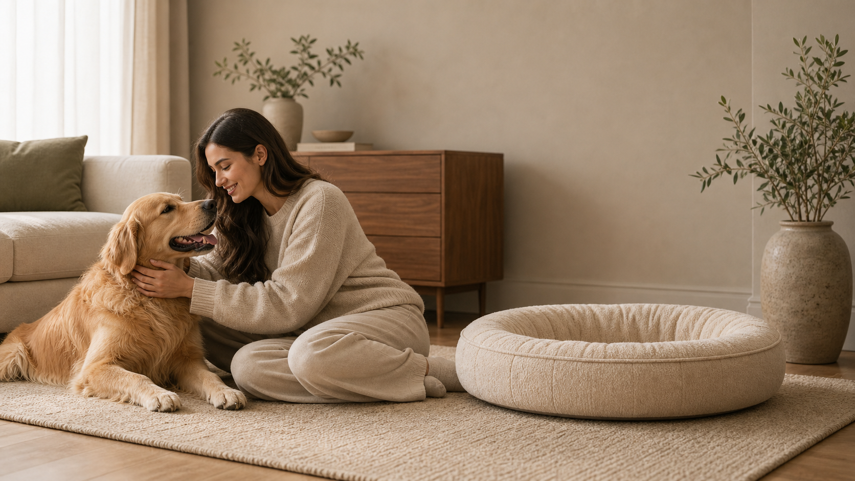 Pet parent spending a quiet moment with a golden retriever at home